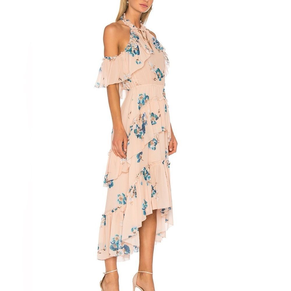 Ulla Johnson Valentine Silk Floral Maxi Dress Nude Pink Cold Shoulder Sz 4